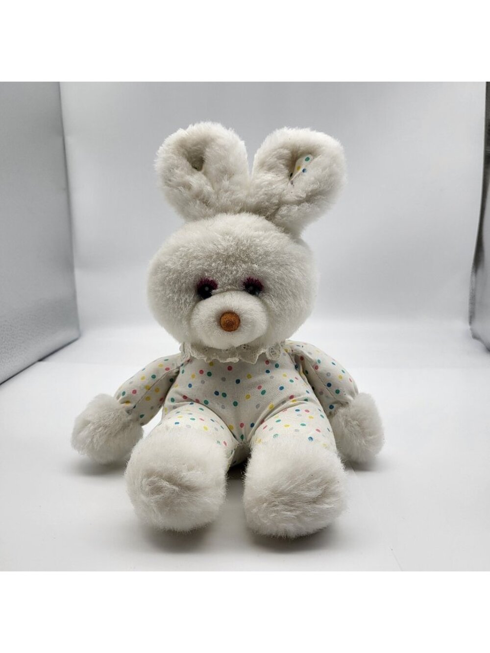 Vintage Plush Stuffed Bunny White Rabbit Nursery Retro Decor Polkadot Fluffy